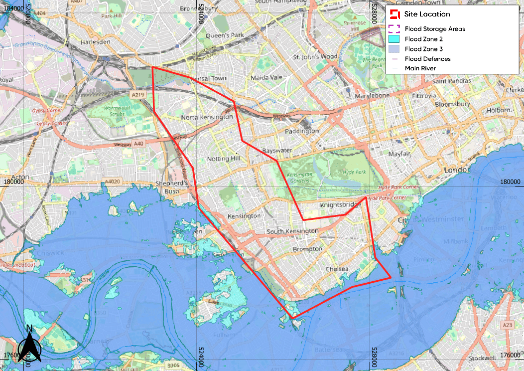 A map of London depicting Kensington and Chelsea.